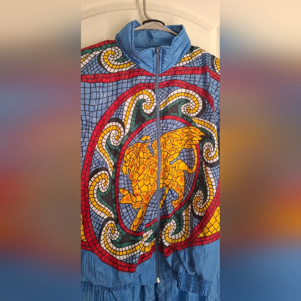 Vintage 80s Gallery Sport Mosaic Griffin Lion Full Zip Windbreaker Set Mens Sz M - Picture 3 of 16